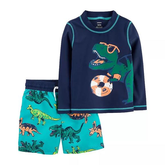 Carters Baby Boy 2 Piece Dino Rash Guard Plus Swim Trunks‎ Set Brand New - Picture 2 of 14